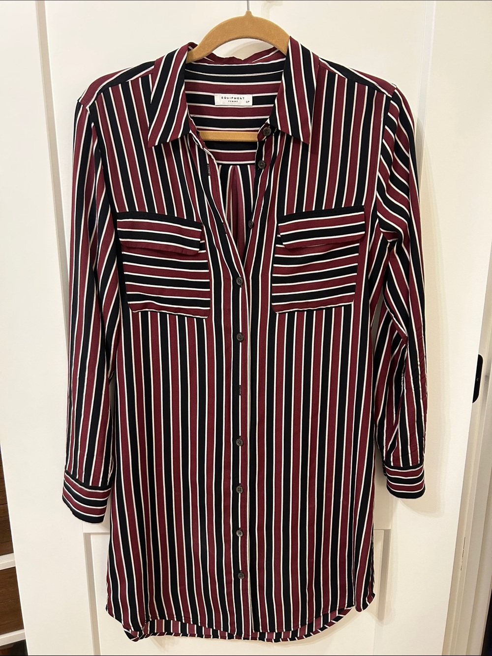Equipment Burgundy, Black & White Striped Button-Front Shirt Dress